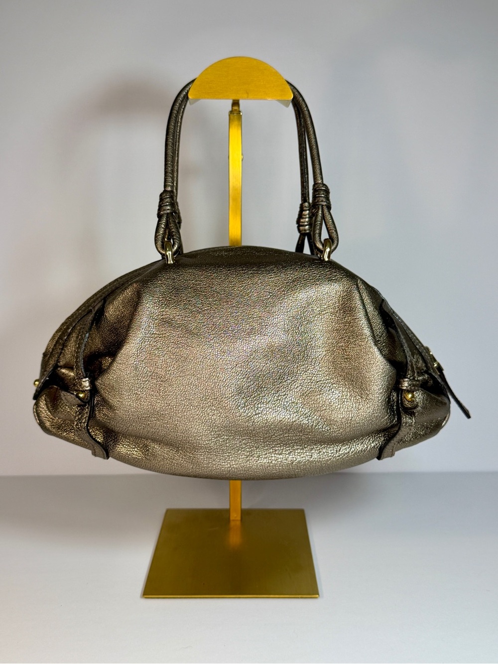 Salvatore Ferragamo Metallic Leather Crystal Gancini Satchel Bag Bronze Gold - Picture 4 of 11